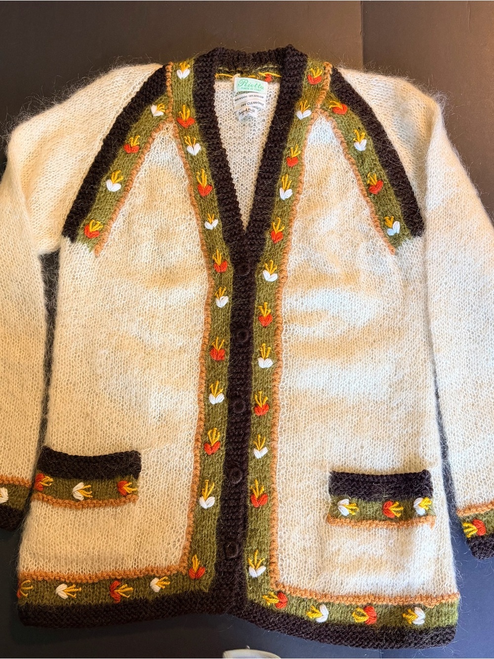 Vintage Rietta Italy Hand Knit Wool Floral Cardigan Cottagecore Fall